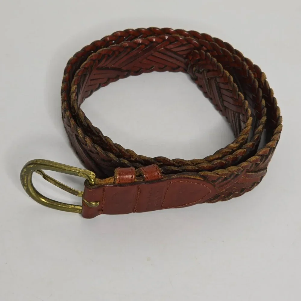 Fossil Braided Genuine Leather Women's Belt L‎ 38 Double Keeper Brown BT7901